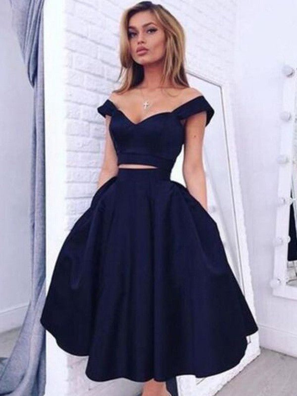 NumberSea - A - Line/Princess Off - the - Shoulder Sleeveless Tea - Length Satin Two Piece Dresses