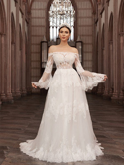 NumberSea - A - Line/Princess Off - the - Shoulder Tulle Long Sleeves Applique Sweep/Brush Train Wedding Dresses