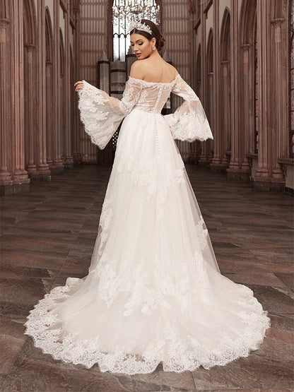 NumberSea - A - Line/Princess Off - the - Shoulder Tulle Long Sleeves Applique Sweep/Brush Train Wedding Dresses