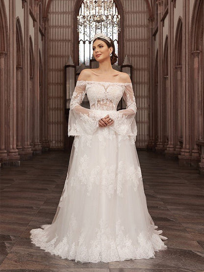 NumberSea - A - Line/Princess Off - the - Shoulder Tulle Long Sleeves Applique Sweep/Brush Train Wedding Dresses