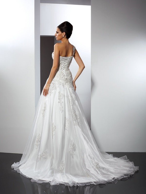 NumberSea - A - Line/Princess One - Shoulder Applique Sleeveless Long Satin Wedding Dresses