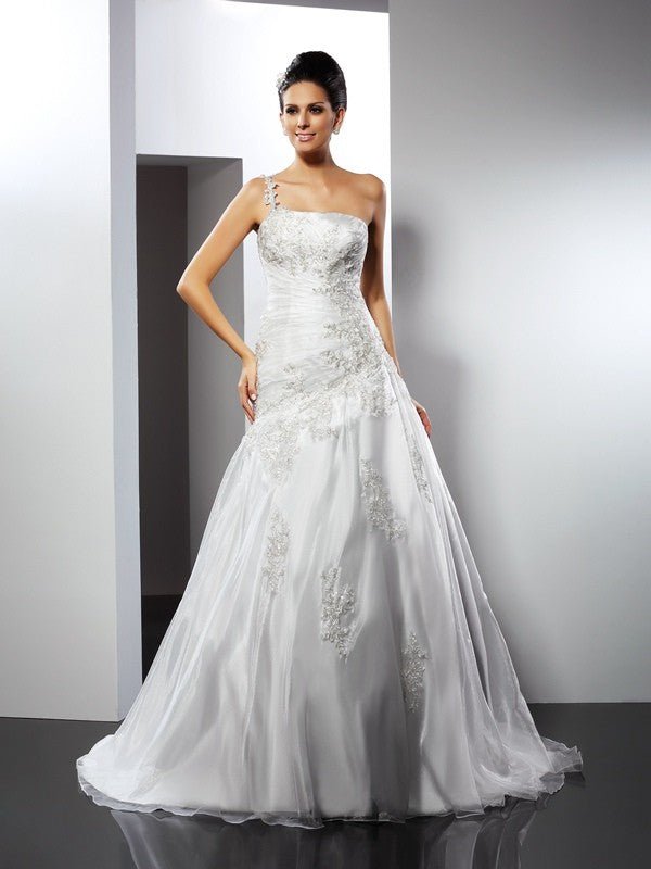 NumberSea - A - Line/Princess One - Shoulder Applique Sleeveless Long Satin Wedding Dresses