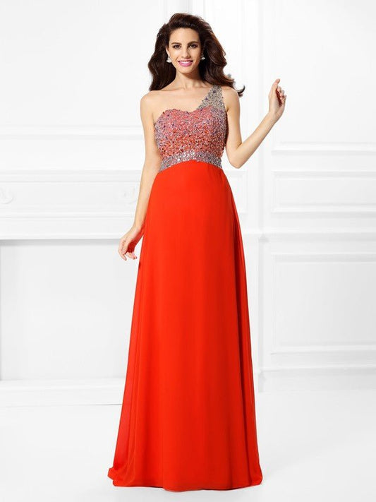 NumberSea - A - Line/Princess One - Shoulder Beading Sleeveless Long Chiffon Dresses