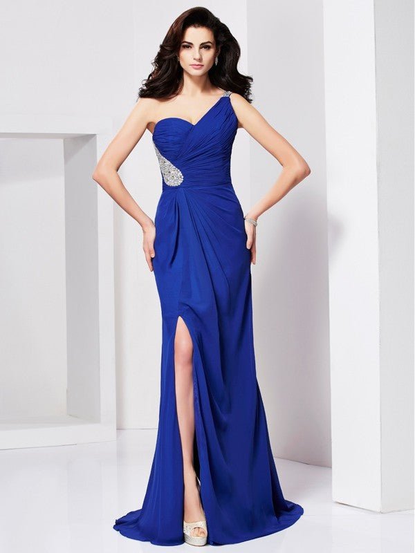 NumberSea - A - Line/Princess One - Shoulder Beading Sleeveless Pleats Long Chiffon Dresses