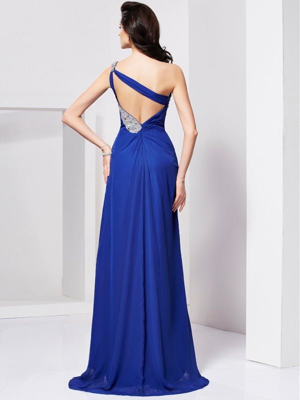 NumberSea - A - Line/Princess One - Shoulder Beading Sleeveless Pleats Long Chiffon Dresses