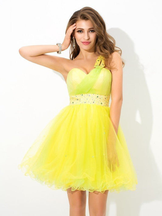 NumberSea - A - Line/Princess One - Shoulder Beading Sleeveless Short Net Cocktail Dresses