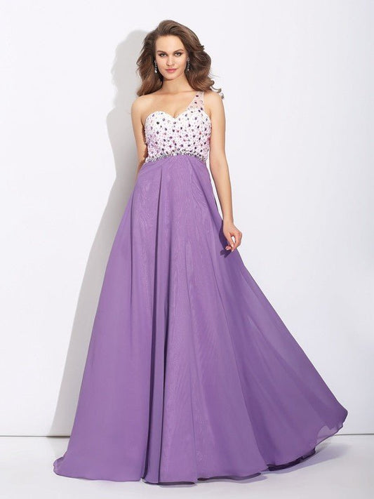 NumberSea - A - Line/Princess One - Shoulder Crystal Sleeveless Long Chiffon Dresses