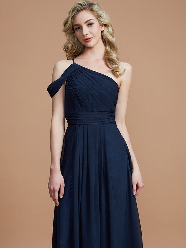 NumberSea - A - Line/Princess One - Shoulder Floor - Length Chiffon Sleeveless Bridesmaid Dresses