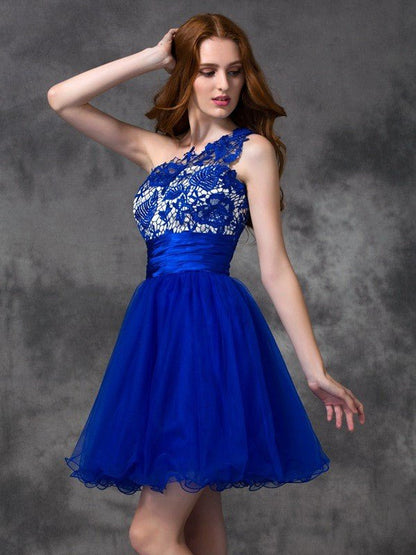 NumberSea - A - line/Princess One - Shoulder Lace Sleeveless Short Satin Dresses