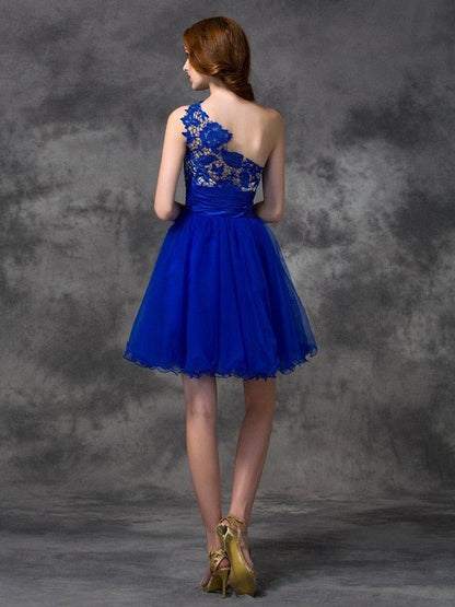 NumberSea - A - line/Princess One - Shoulder Lace Sleeveless Short Satin Dresses