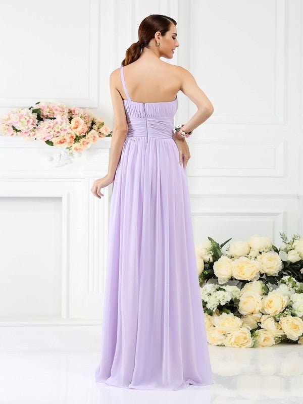 NumberSea - A - Line/Princess One - Shoulder Pleats Hand - Made Flower Sleeveless Long Chiffon Bridesmaid Dresses