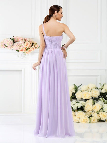 NumberSea - A - Line/Princess One - Shoulder Pleats Hand - Made Flower Sleeveless Long Chiffon Bridesmaid Dresses