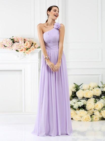 NumberSea - A - Line/Princess One - Shoulder Pleats Hand - Made Flower Sleeveless Long Chiffon Bridesmaid Dresses