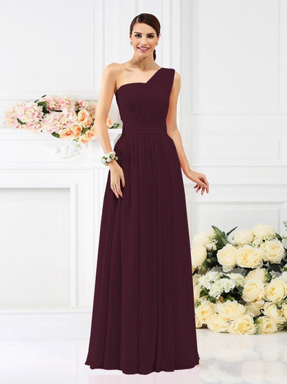 NumberSea - A - Line/Princess One - Shoulder Pleats Sleeveless Long Chiffon Bridesmaid Dresses