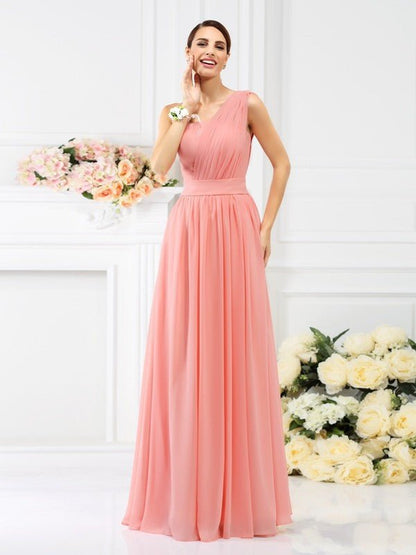 NumberSea - A - Line/Princess One - Shoulder Pleats Sleeveless Long Chiffon Bridesmaid Dresses