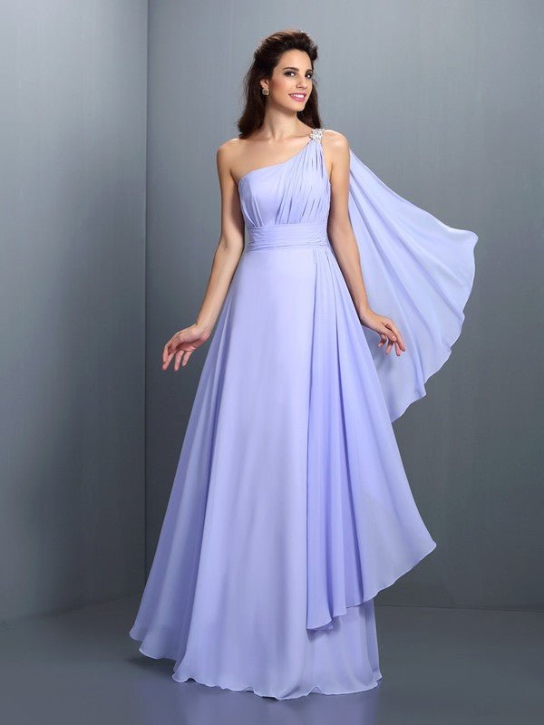 NumberSea - A - Line/Princess One - Shoulder Pleats Sleeveless Long Chiffon Bridesmaid Dresses