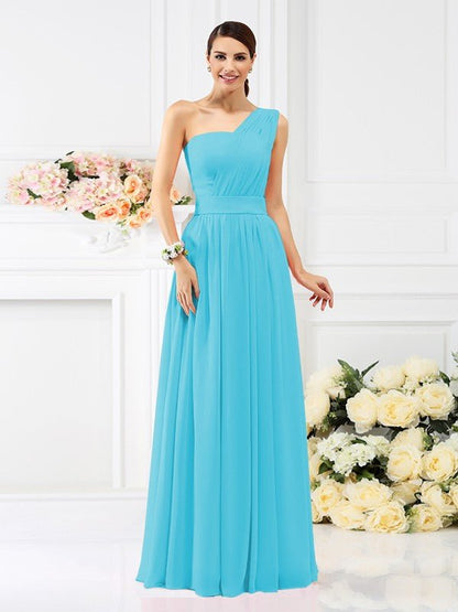 NumberSea - A - Line/Princess One - Shoulder Pleats Sleeveless Long Chiffon Bridesmaid Dresses