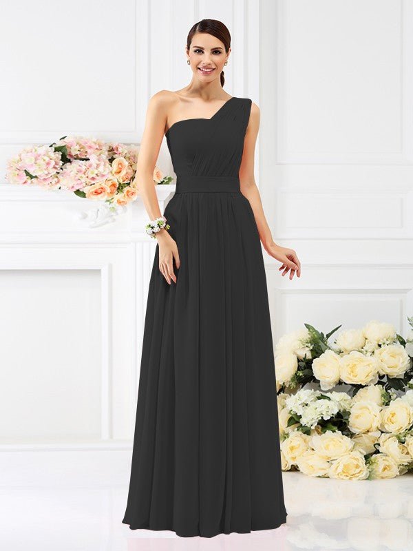 NumberSea - A - Line/Princess One - Shoulder Pleats Sleeveless Long Chiffon Bridesmaid Dresses