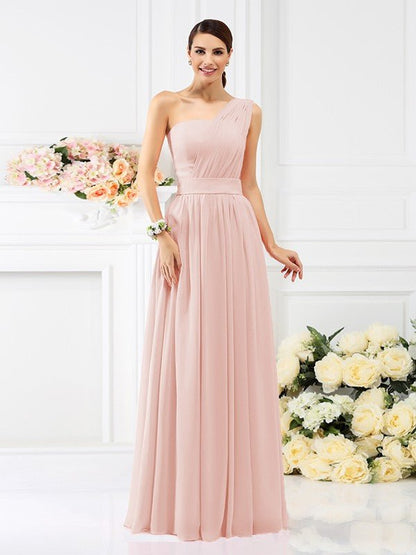 NumberSea - A - Line/Princess One - Shoulder Pleats Sleeveless Long Chiffon Bridesmaid Dresses