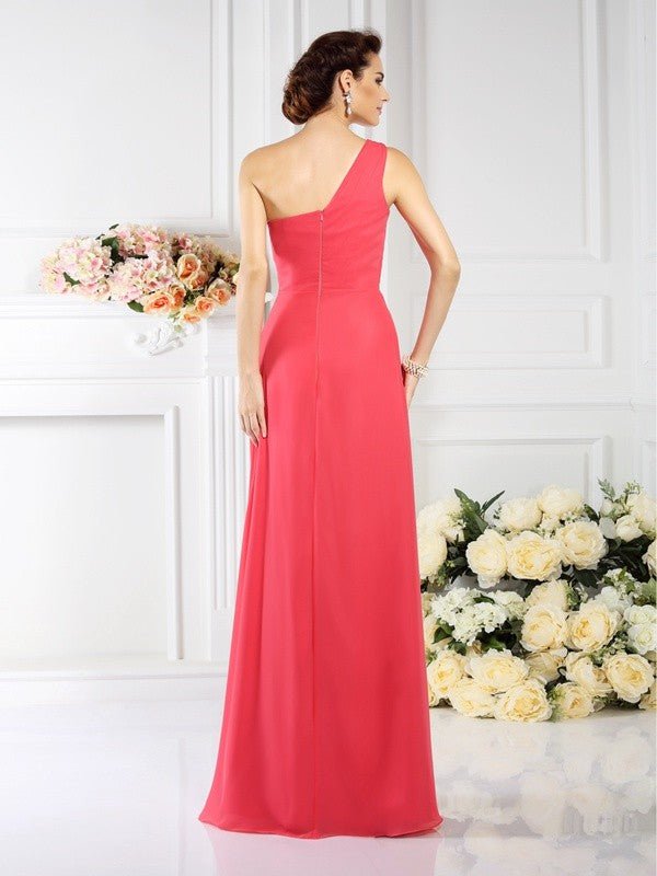 NumberSea - A - Line/Princess One - Shoulder Pleats Sleeveless Long Chiffon Bridesmaid Dresses