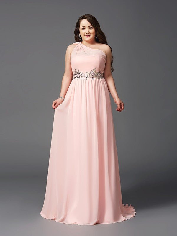 NumberSea - A - Line/Princess One - Shoulder Rhinestone Sleeveless Long Chiffon Plus Size Dresses