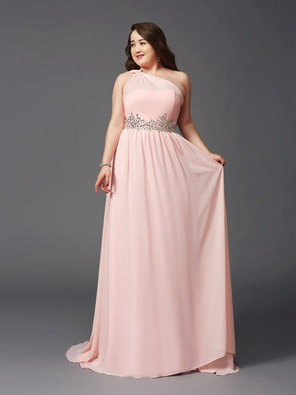 NumberSea - A - Line/Princess One - Shoulder Rhinestone Sleeveless Long Chiffon Plus Size Dresses