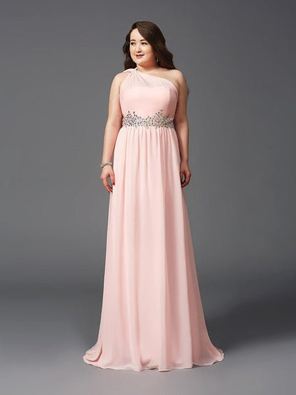 NumberSea - A - Line/Princess One - Shoulder Rhinestone Sleeveless Long Chiffon Plus Size Dresses