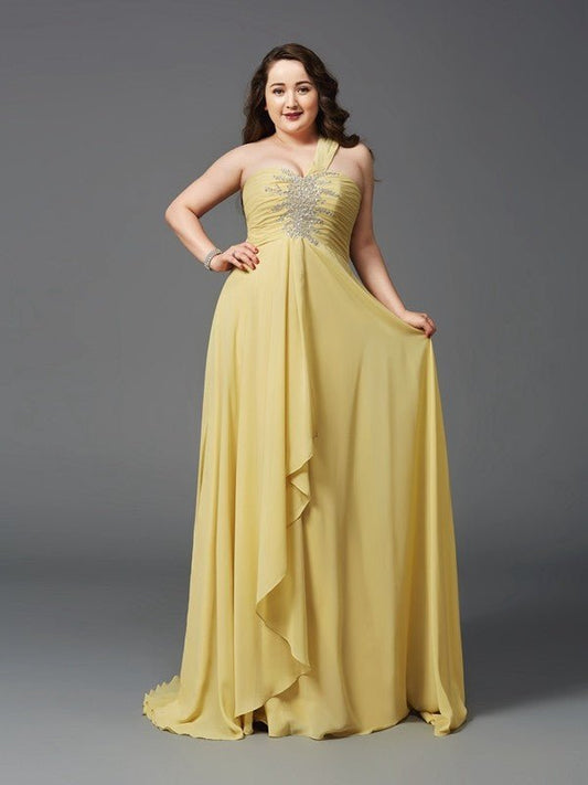 NumberSea - A - Line/Princess One - Shoulder Rhinestone Sleeveless Long Chiffon Plus Size Dresses