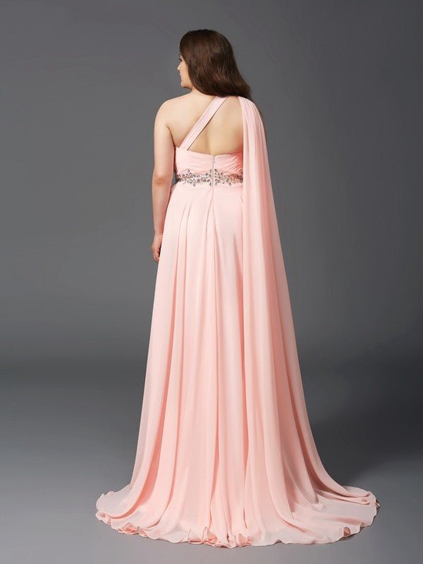 NumberSea - A - Line/Princess One - Shoulder Rhinestone Sleeveless Long Chiffon Plus Size Dresses