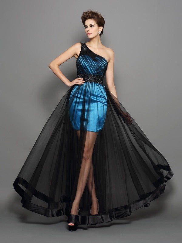 NumberSea - A - Line/Princess One - Shoulder Ruched Sleeveless Long Elastic Woven Satin Dresses