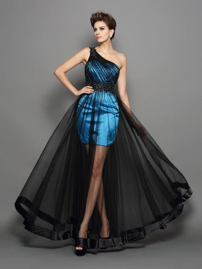 NumberSea - A - Line/Princess One - Shoulder Ruched Sleeveless Long Elastic Woven Satin Dresses