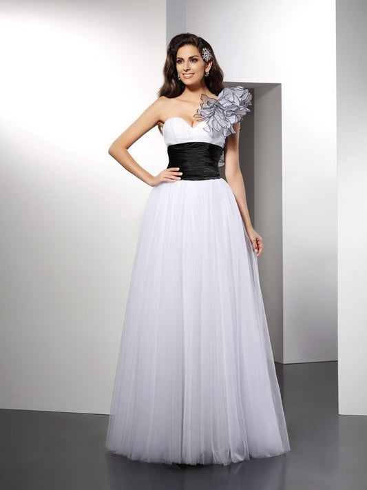 NumberSea - A - Line/Princess One - Shoulder Sash/Ribbon/Belt Sleeveless Long Net Dresses