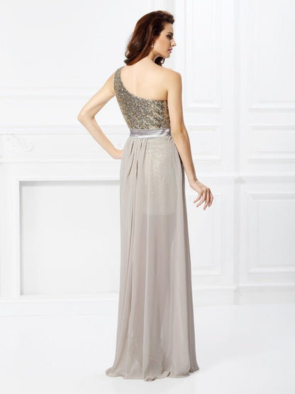 NumberSea - A - Line/Princess One - Shoulder Sequin Sleeveless Long Chiffon Dresses