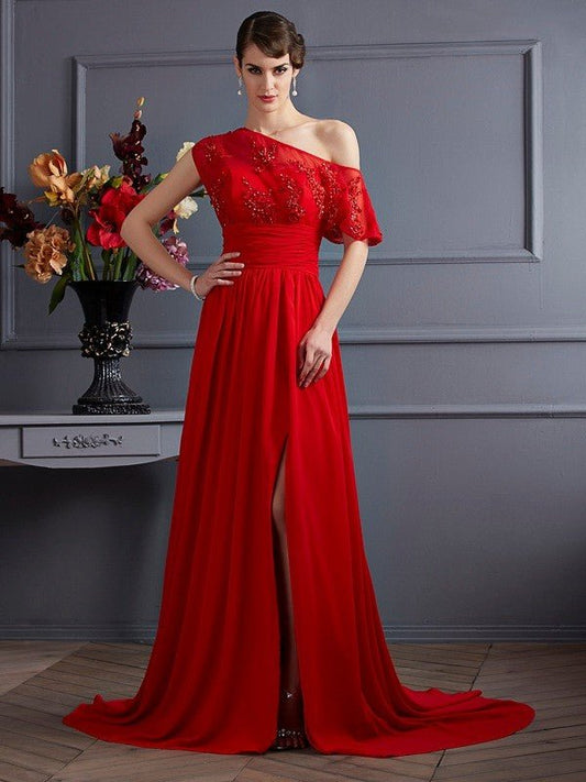 NumberSea - A - Line/Princess One - Shoulder Sleeveless Applique Long Chiffon Dresses