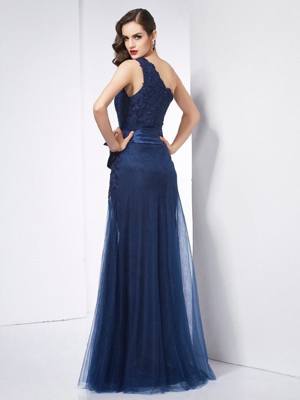 NumberSea - A - Line/Princess One - Shoulder Sleeveless Applique Long Net Dresses