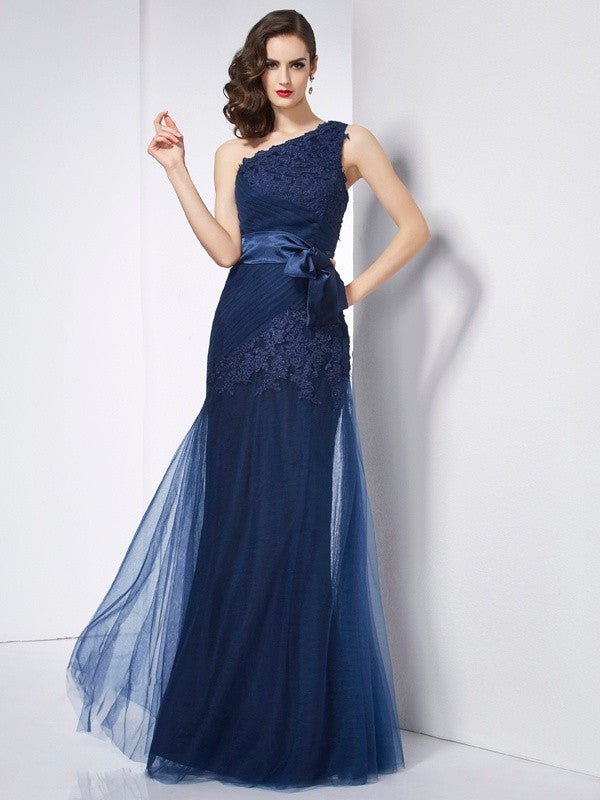 NumberSea - A - Line/Princess One - Shoulder Sleeveless Applique Long Net Dresses