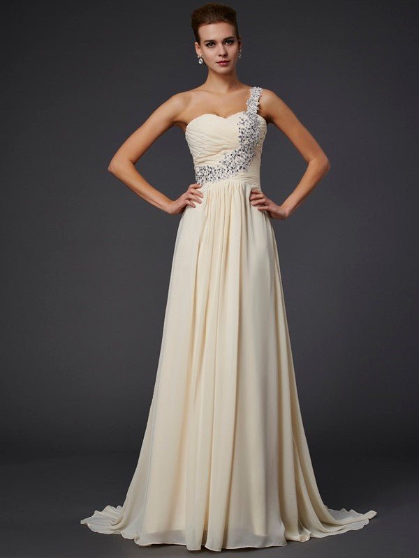 NumberSea - A - Line/Princess One - Shoulder Sleeveless Beading Applique Long Chiffon Dresses