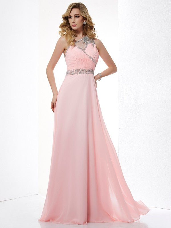 NumberSea - A - Line/Princess One - Shoulder Sleeveless Beading Chiffon Long Dresses