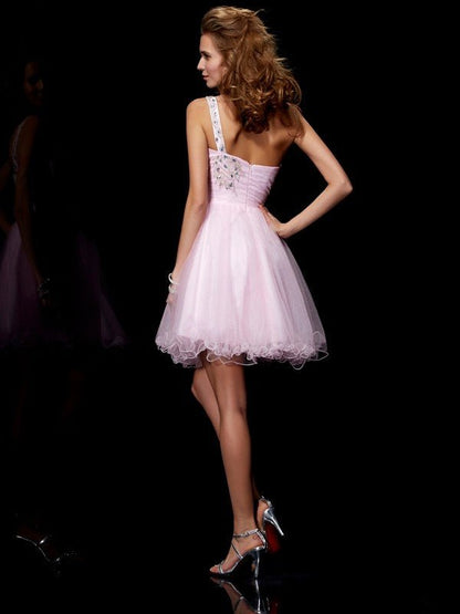 NumberSea - A - Line/Princess One - Shoulder Sleeveless Beading Short Elastic Woven Satin Homecoming Dresses