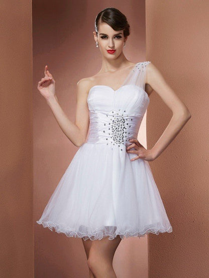 NumberSea - A - Line/Princess One - Shoulder Sleeveless Beading Short Net Homecoming Dresses