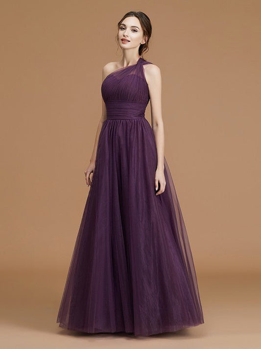 NumberSea - A - Line/Princess One - Shoulder Sleeveless Floor - Length Ruched Tulle Bridesmaid Dresses