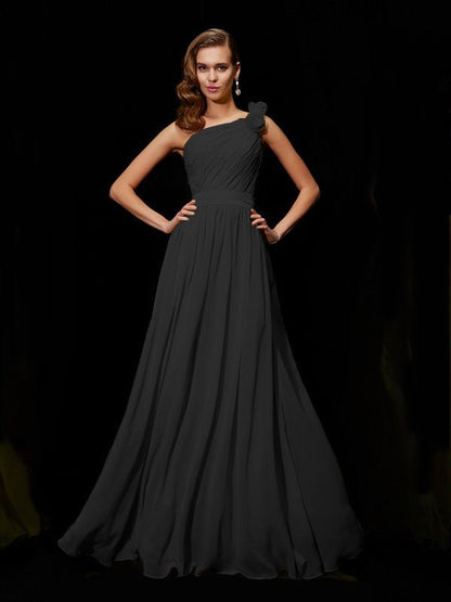 NumberSea - A - Line/Princess One - Shoulder Sleeveless Hand - Made Flower Long Chiffon Bridesmaid Dresses