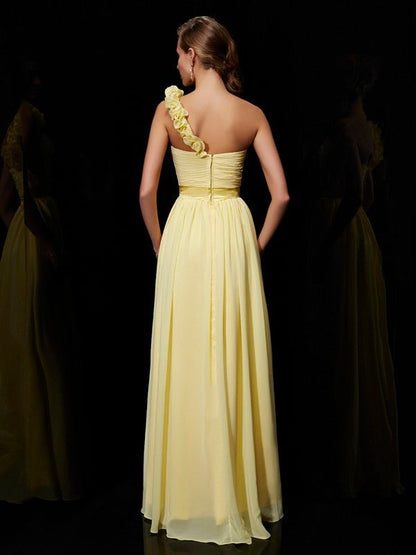 NumberSea - A - Line/Princess One - Shoulder Sleeveless Hand - Made Flower Long Chiffon Bridesmaid Dresses