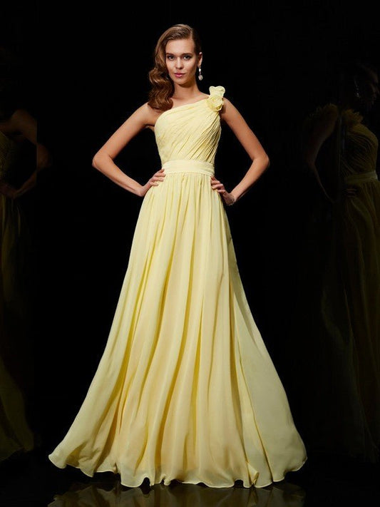 NumberSea - A - Line/Princess One - Shoulder Sleeveless Hand - Made Flower Long Chiffon Bridesmaid Dresses