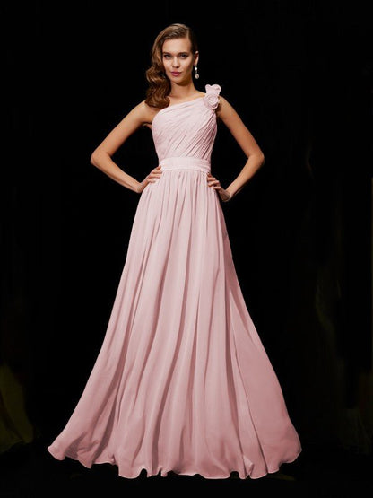 NumberSea - A - Line/Princess One - Shoulder Sleeveless Hand - Made Flower Long Chiffon Bridesmaid Dresses