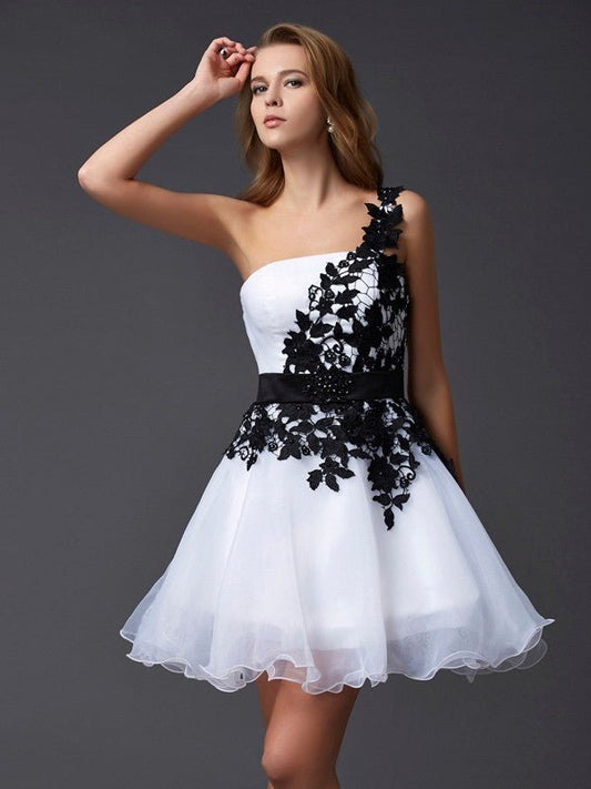 NumberSea - A - Line/Princess One - Shoulder Sleeveless Lace Short Organza Homecoming Dresses