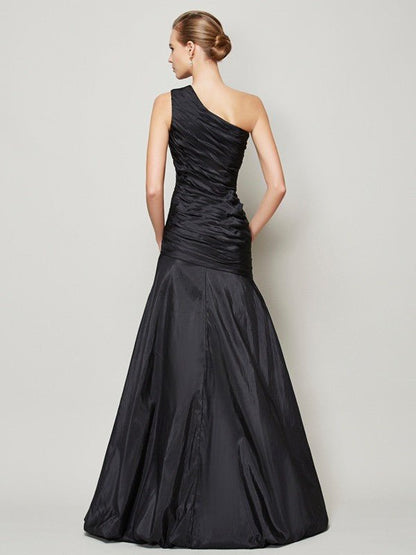 NumberSea - A - Line/Princess One - Shoulder Sleeveless Pleats Long Taffeta Bridesmaid Dresses