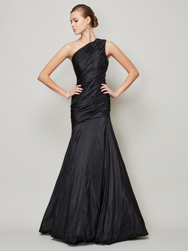 NumberSea - A - Line/Princess One - Shoulder Sleeveless Pleats Long Taffeta Bridesmaid Dresses