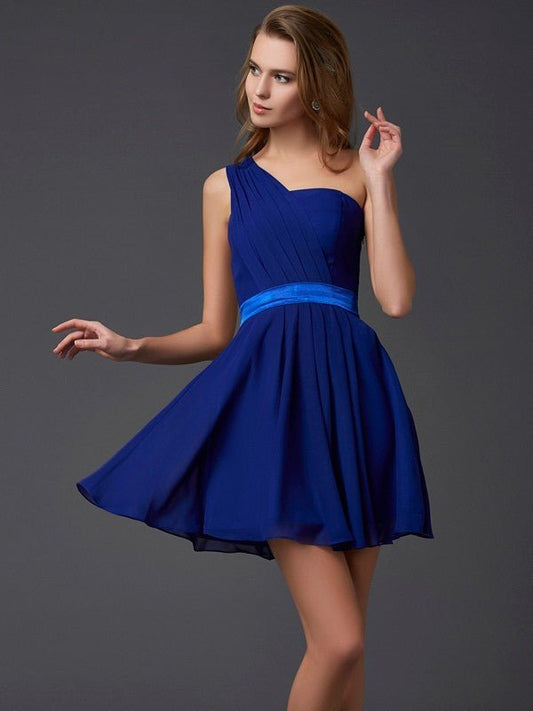 NumberSea - A - Line/Princess One - Shoulder Sleeveless Pleats Short Chiffon Homecoming Dresses