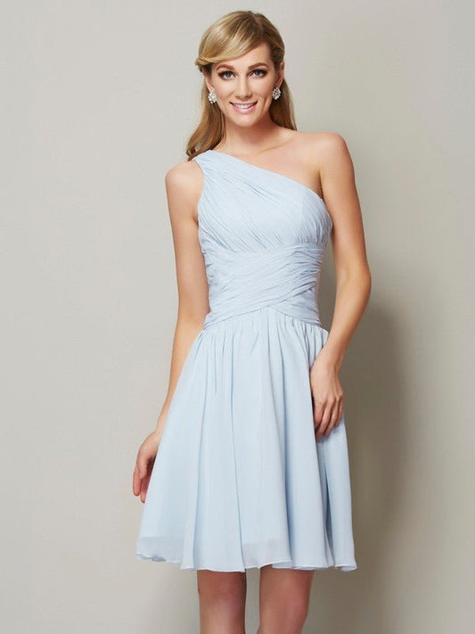 NumberSea - A - Line/Princess One - Shoulder Sleeveless Ruched Short Chiffon Bridesmaid Dresses